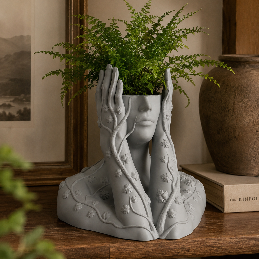 Artistic Face Planter with Floral Vine Details | 3D Printed Decorative Indoor Plant Pot