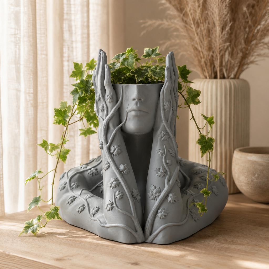 Artistic Face Planter with Floral Vine Details | 3D Printed Decorative Indoor Plant Pot