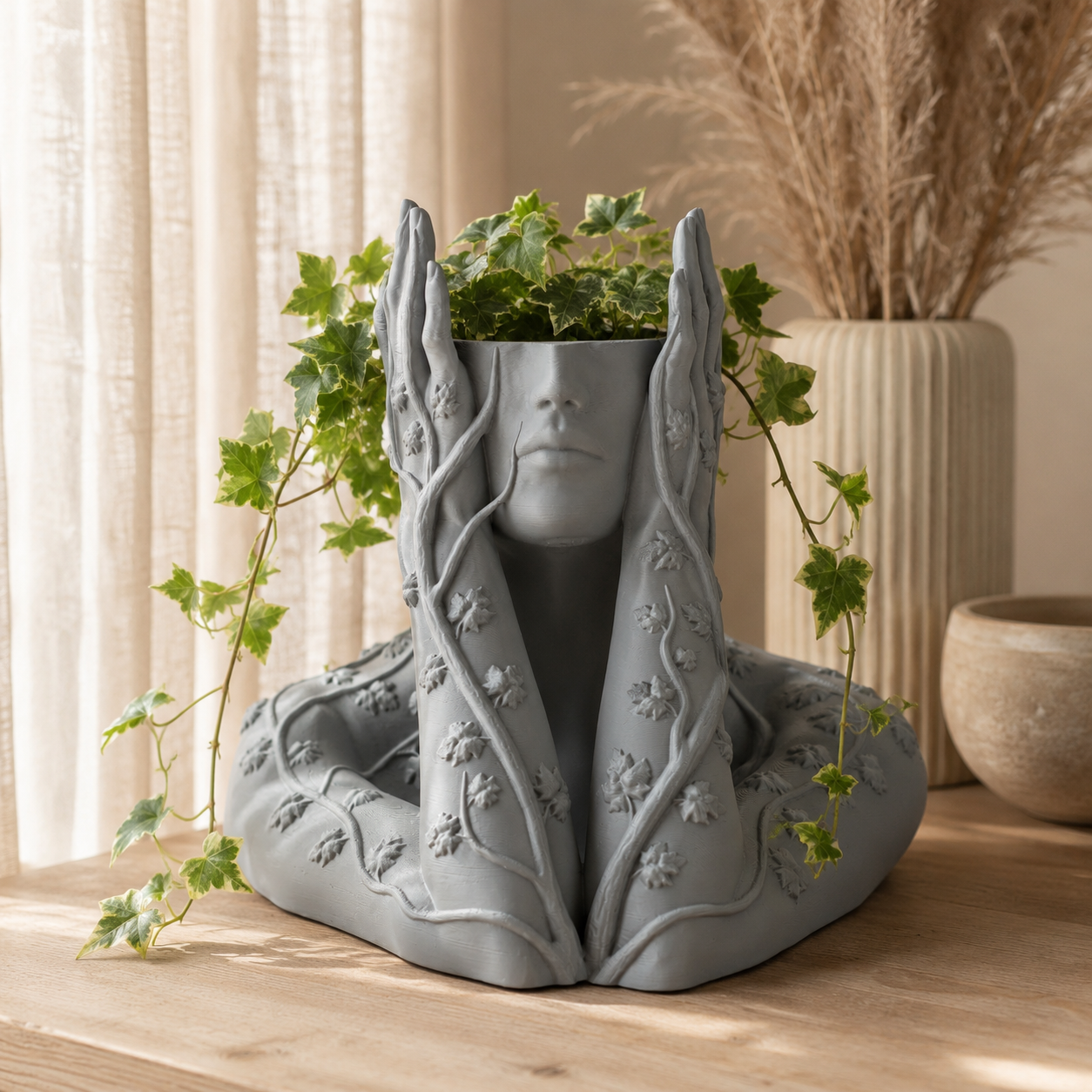 Artistic Face Planter with Floral Vine Details | 3D Printed Decorative Indoor Plant Pot