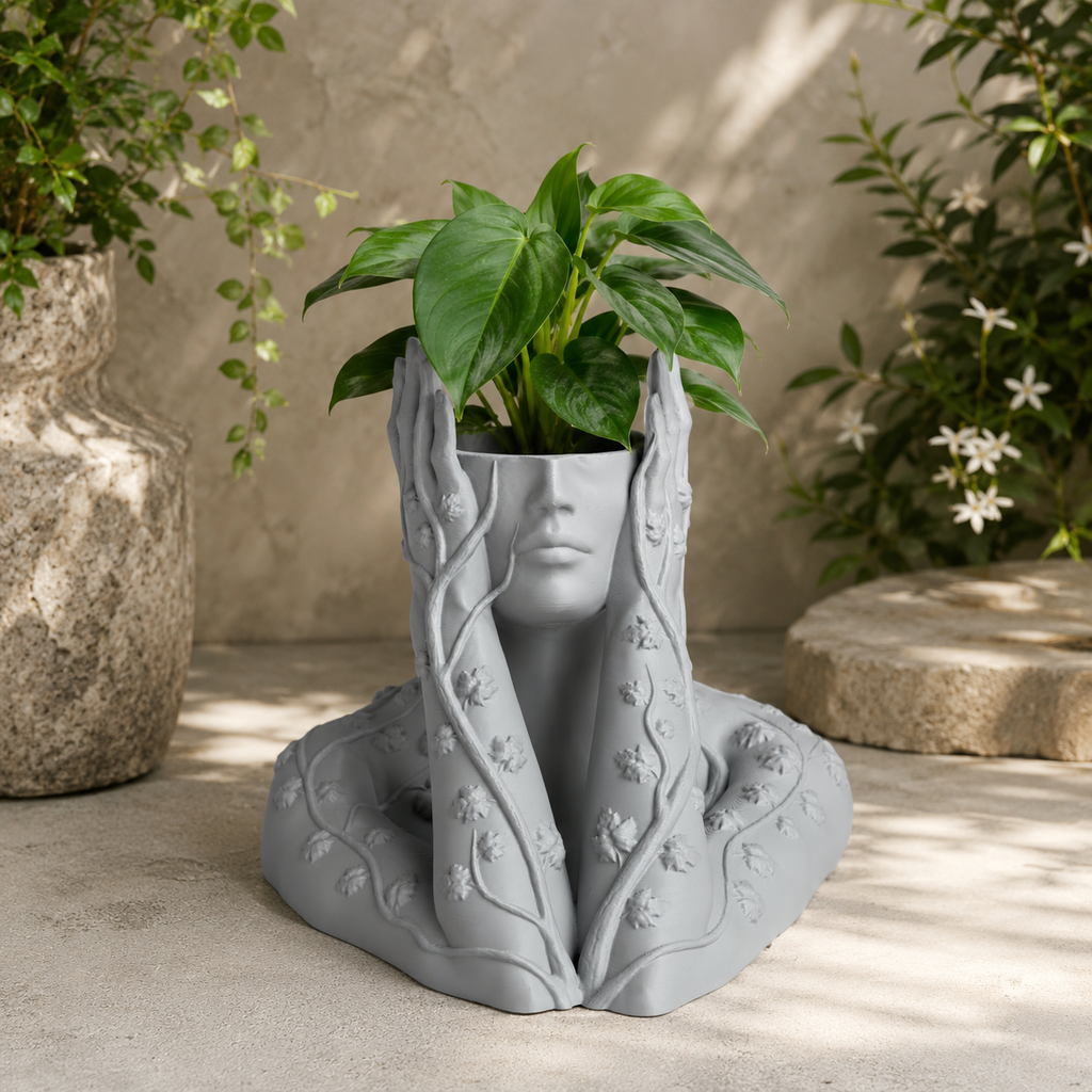 Artistic Face Planter with Floral Vine Details | 3D Printed Decorative Indoor Plant Pot