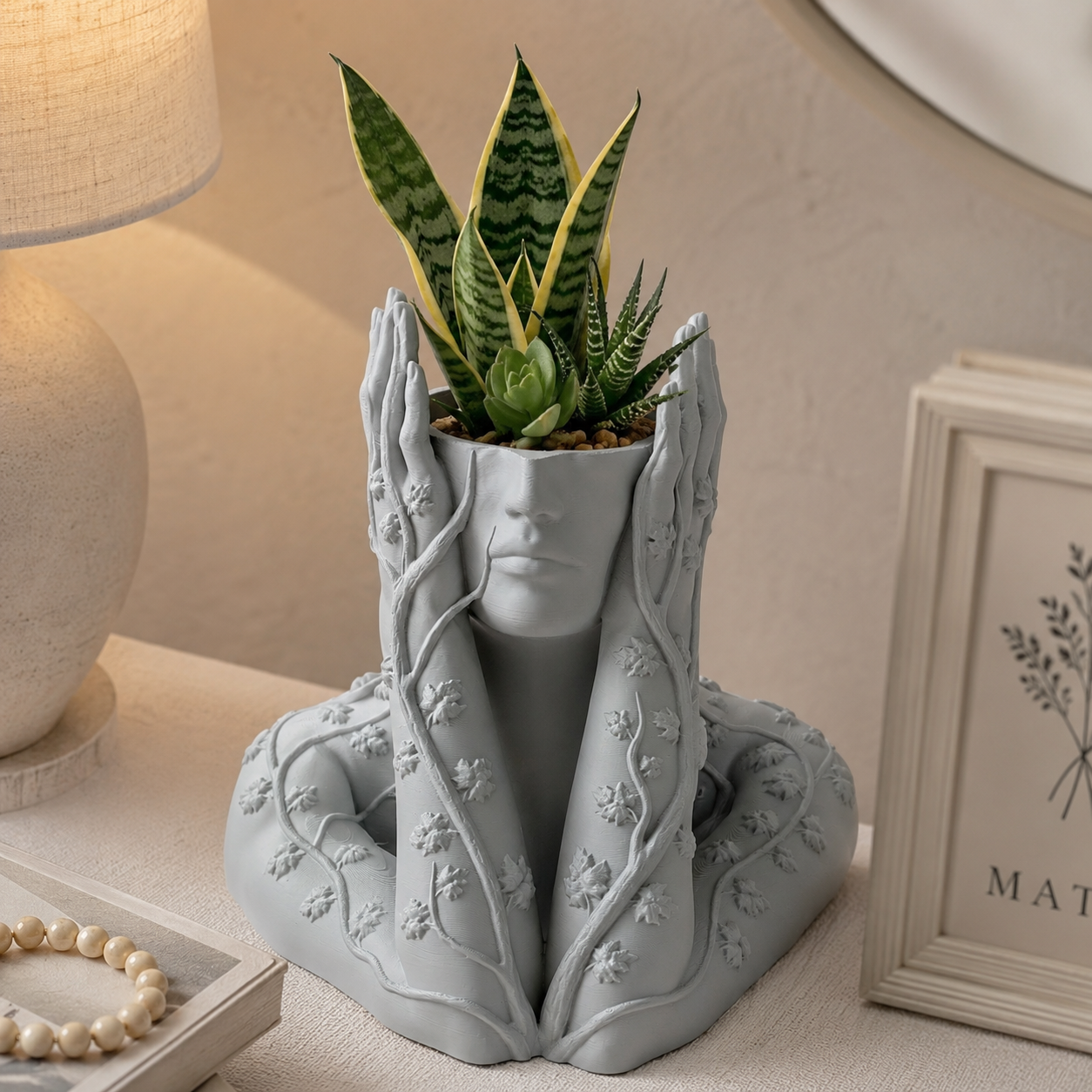 Artistic Face Planter with Floral Vine Details | 3D Printed Decorative Indoor Plant Pot