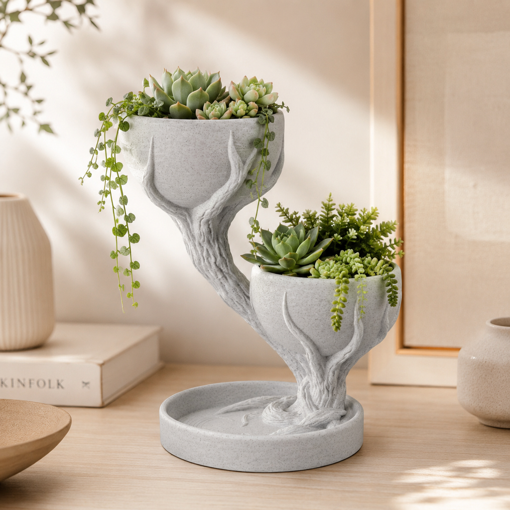 Dual Tier Tree-Inspired Planter with Water Tray | 3D Printed Decorative Indoor Plant Pot