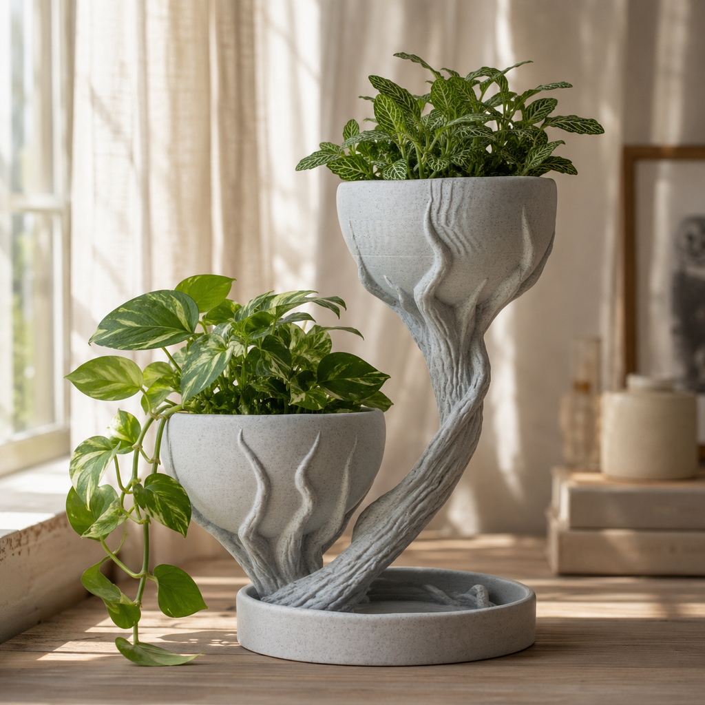 Dual Tier Tree-Inspired Planter with Water Tray | 3D Printed Decorative Indoor Plant Pot