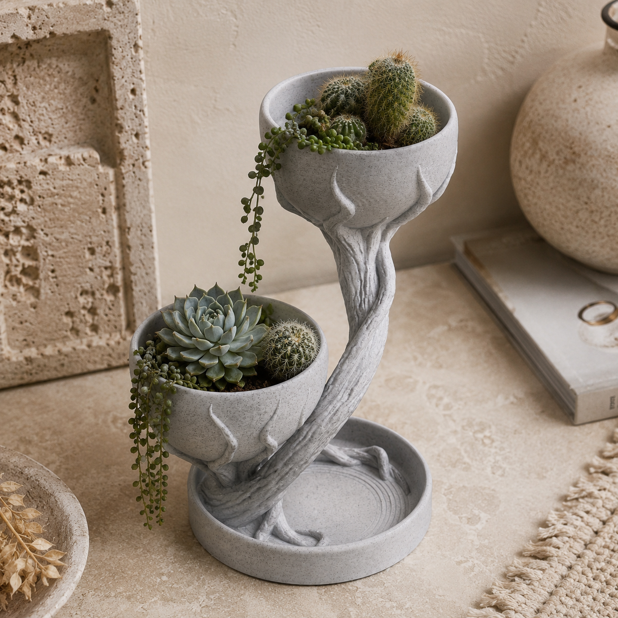 Dual Tier Tree-Inspired Planter with Water Tray | 3D Printed Decorative Indoor Plant Pot