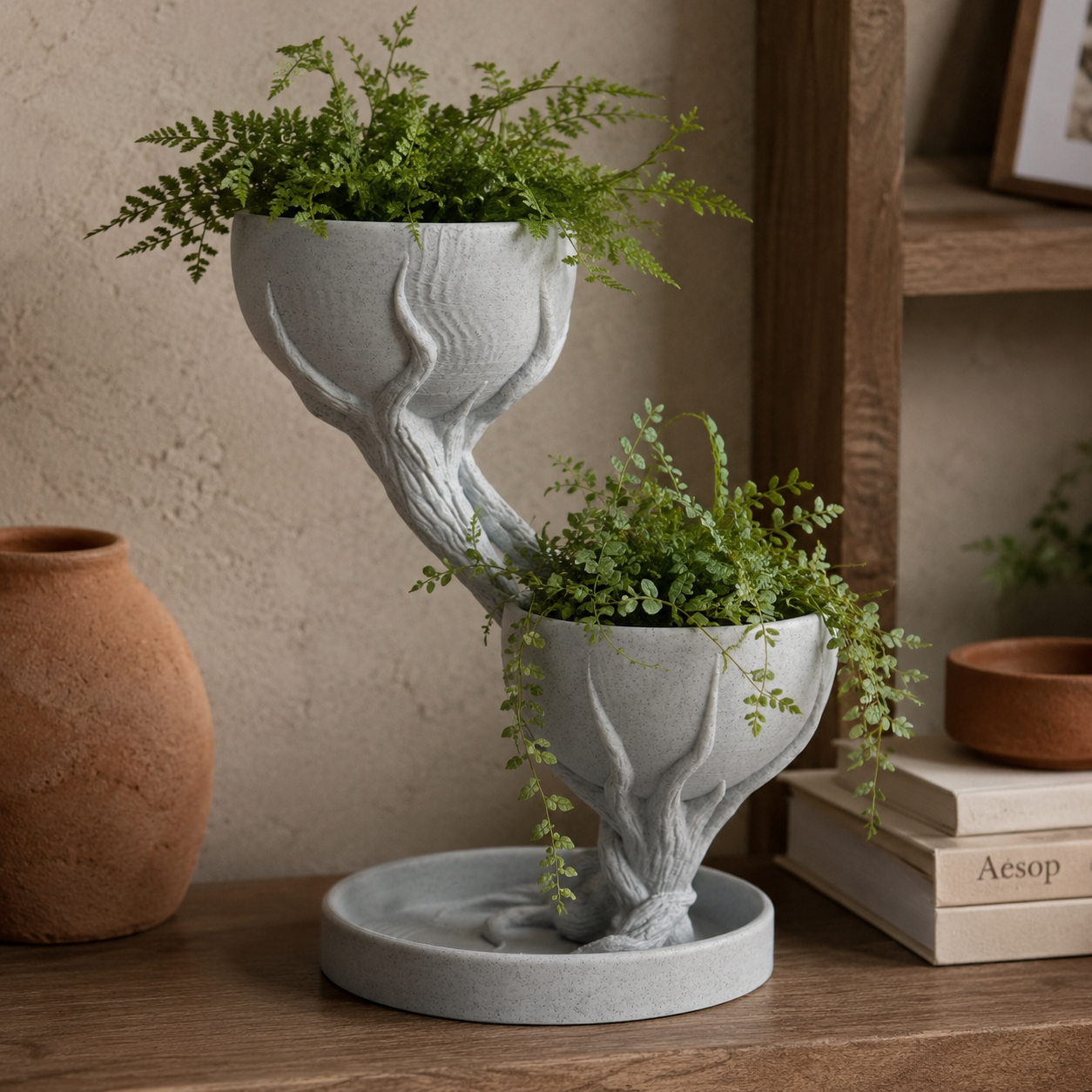 Dual Tier Tree-Inspired Planter with Water Tray | 3D Printed Decorative Indoor Plant Pot