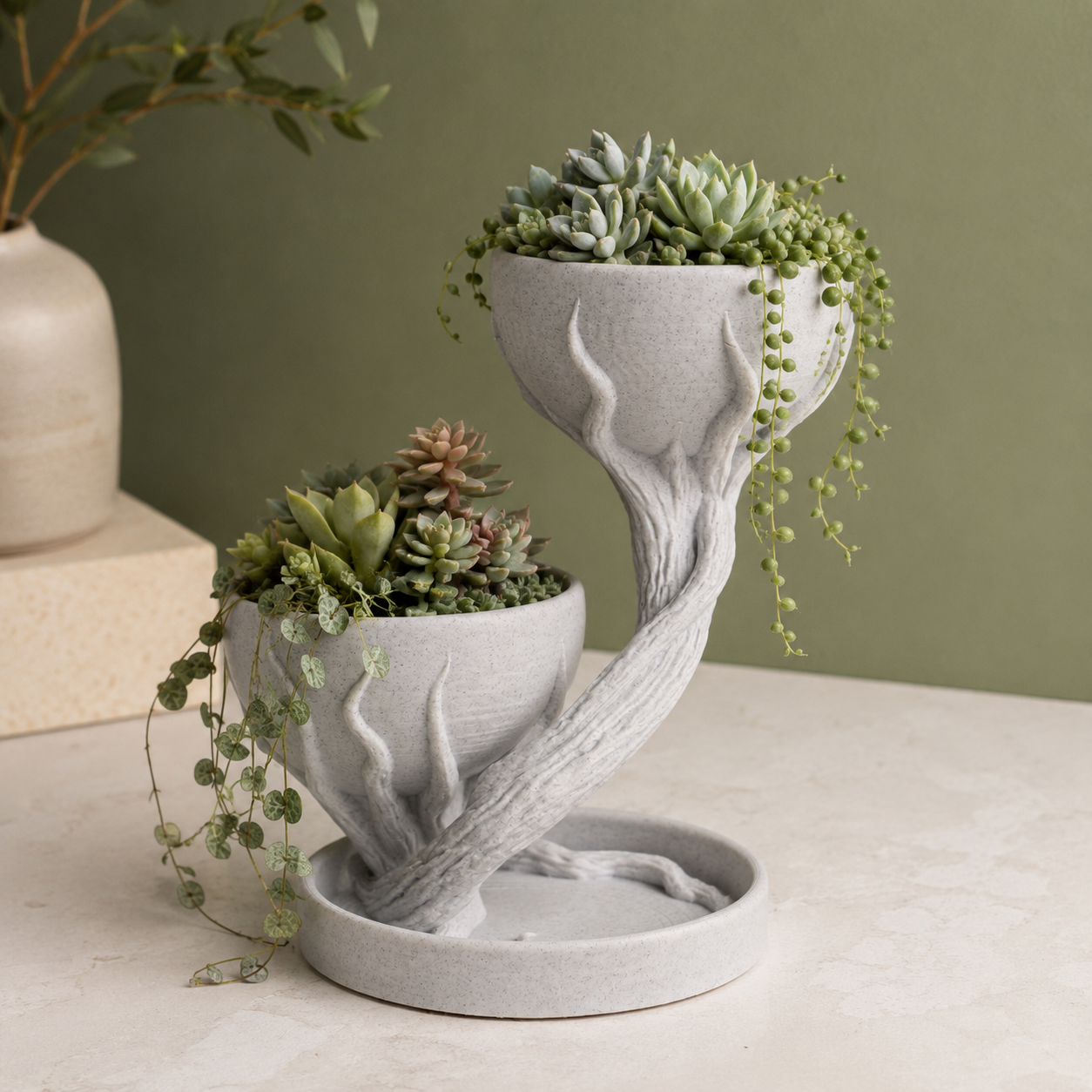 Dual Tier Tree-Inspired Planter with Water Tray | 3D Printed Decorative Indoor Plant Pot