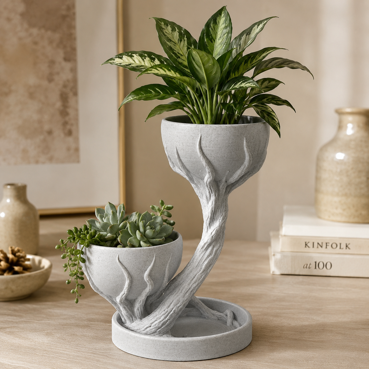 Dual Tier Tree-Inspired Planter with Water Tray | 3D Printed Decorative Indoor Plant Pot
