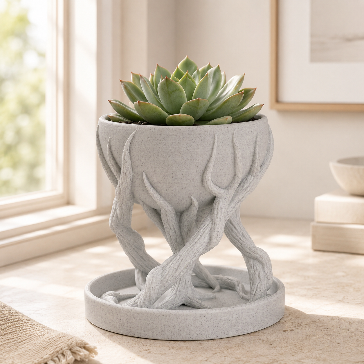 Tree Root Inspired Decorative Planter with Tray | 3D Printed Indoor Plant Pot