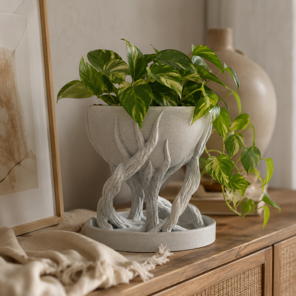 Tree Root Inspired Decorative Planter with Tray | 3D Printed Indoor Plant Pot