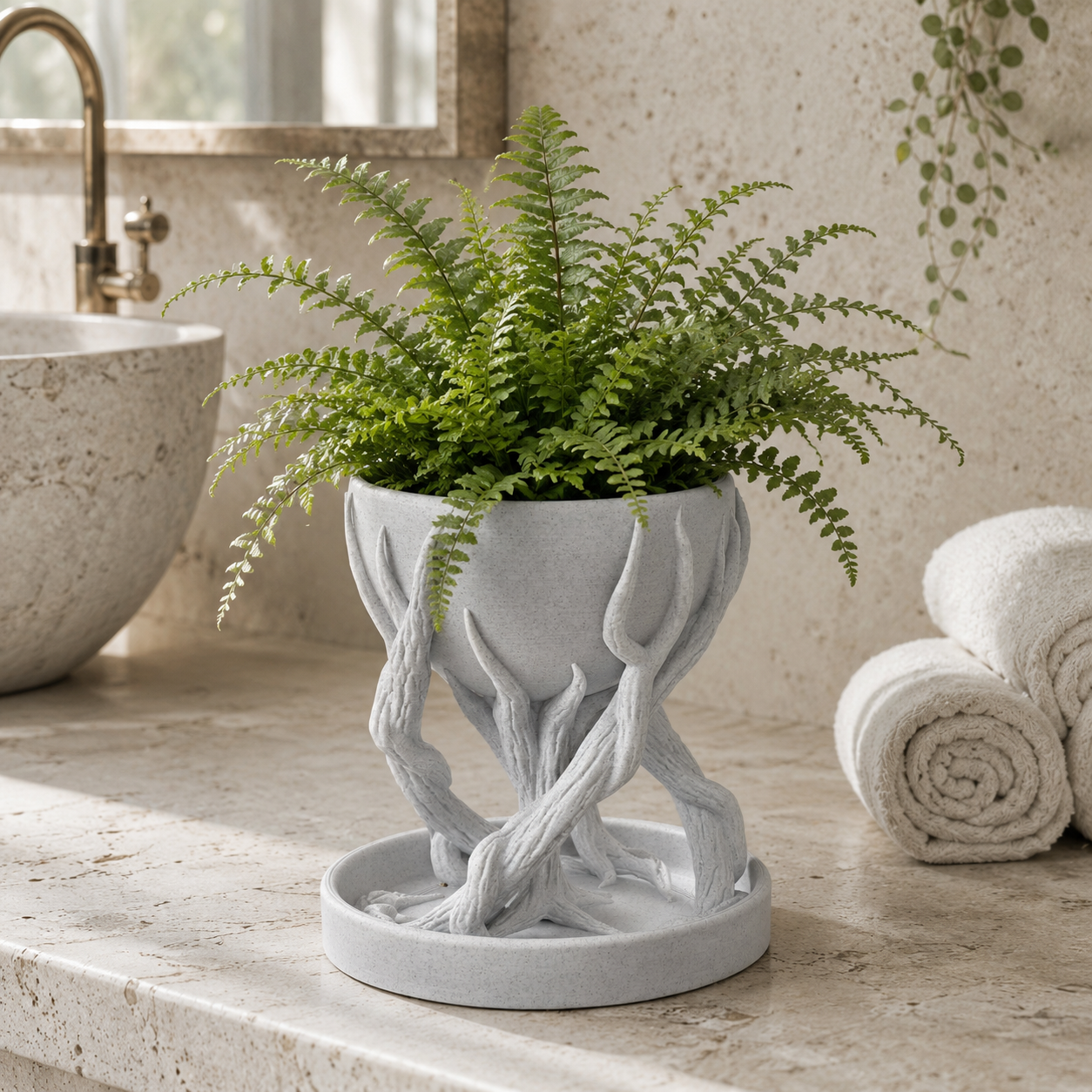 Tree Root Inspired Decorative Planter with Tray | 3D Printed Indoor Plant Pot