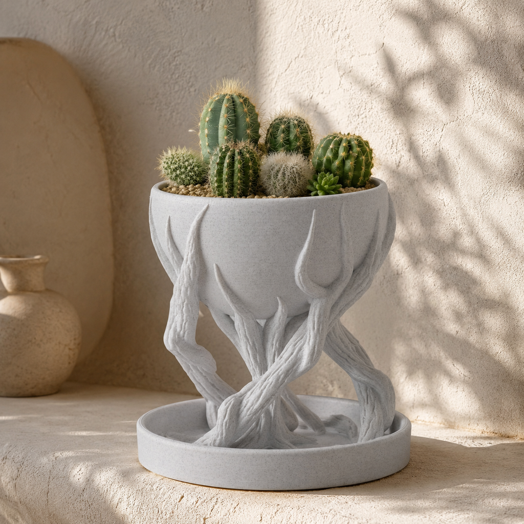 Tree Root Inspired Decorative Planter with Tray | 3D Printed Indoor Plant Pot