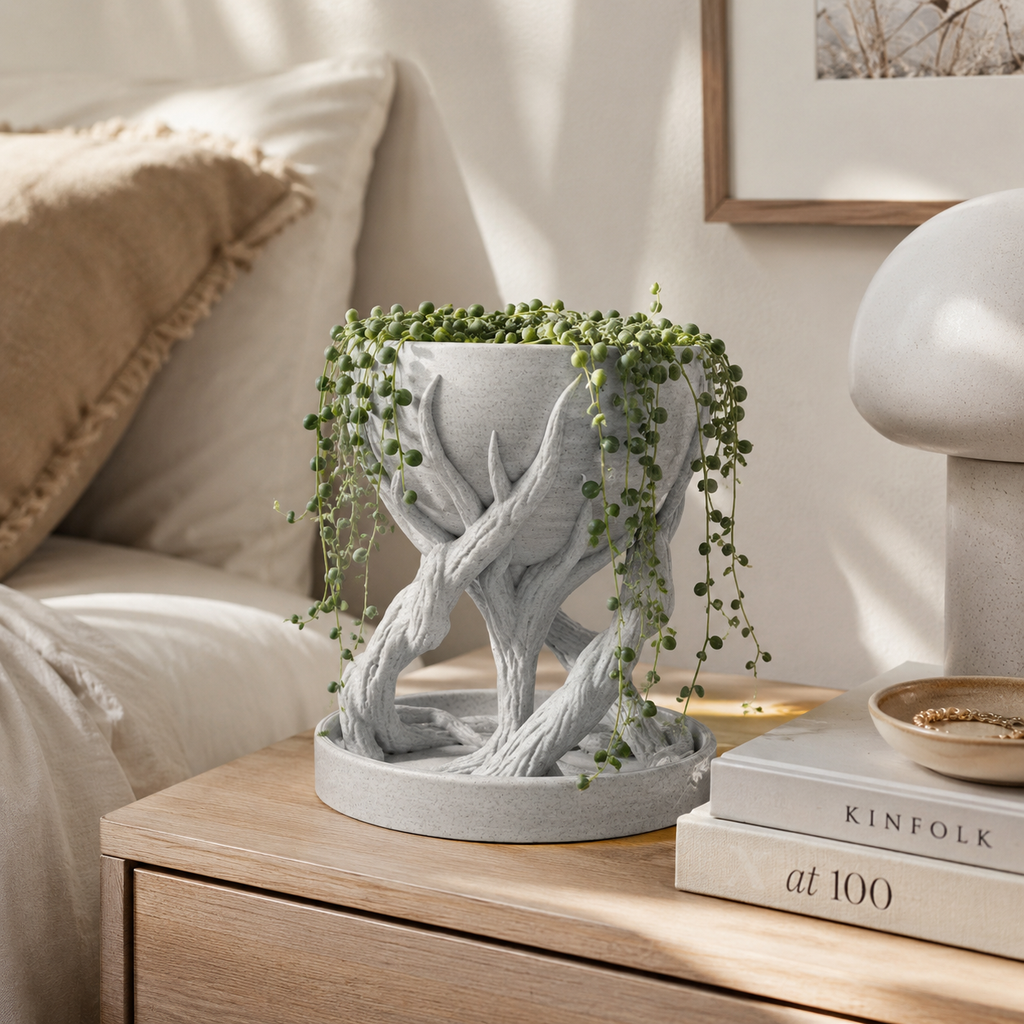 Tree Root Inspired Decorative Planter with Tray | 3D Printed Indoor Plant Pot