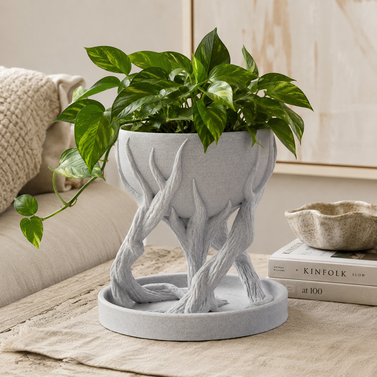 Tree Root Inspired Decorative Planter with Tray | 3D Printed Indoor Plant Pot