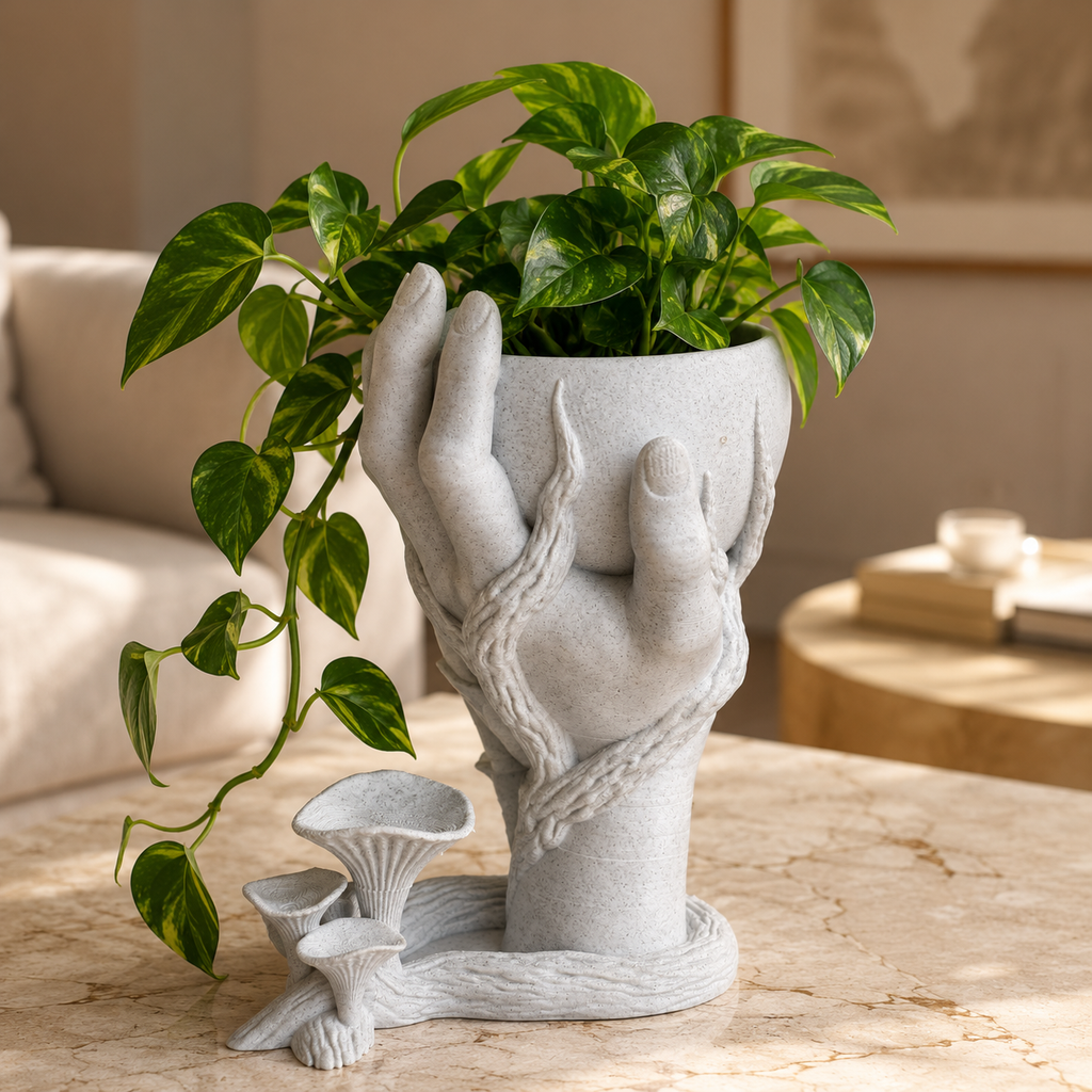 Hand Planter with Botanical Details | Artistic 3D Printed Indoor Plant Pot
