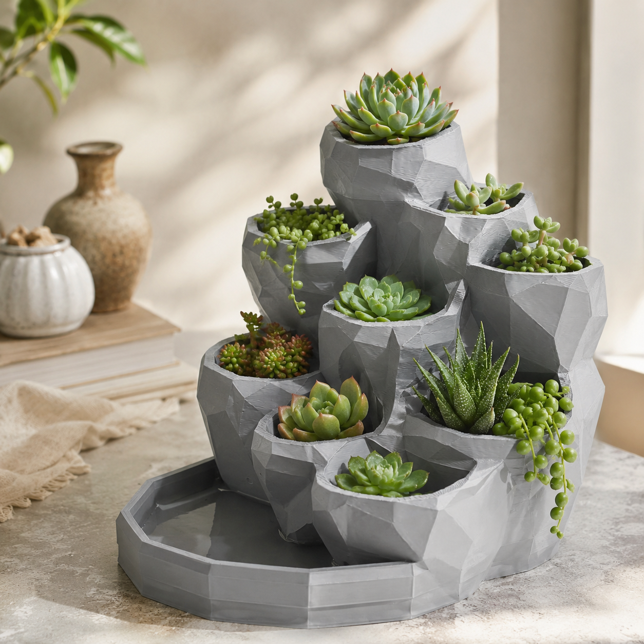 Tiered Succulent Planter with Water Collection Tray | Multi Pocket Indoor Plant Holder