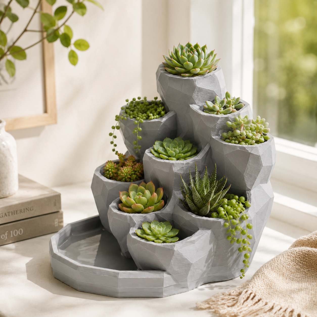 Tiered Succulent Planter with Water Collection Tray | Multi Pocket Indoor Plant Holder