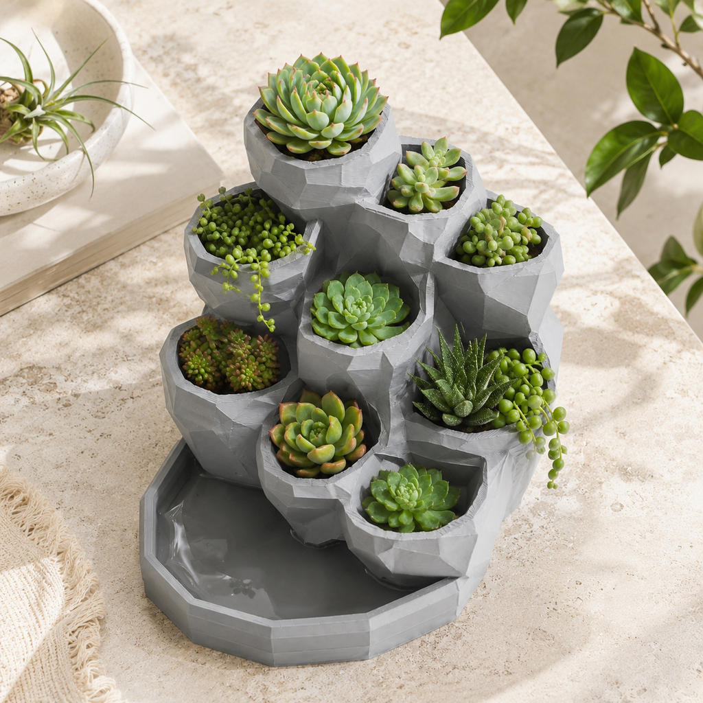 Tiered Succulent Planter with Water Collection Tray | Multi Pocket Indoor Plant Holder