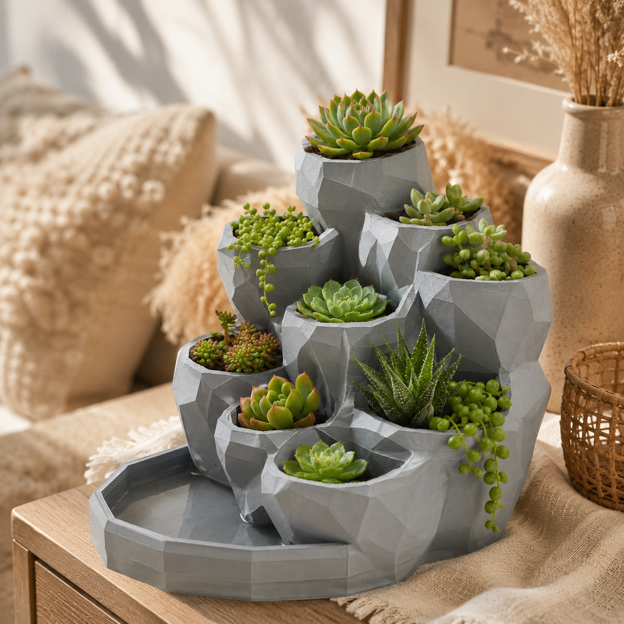 Tiered Succulent Planter with Water Collection Tray | Multi Pocket Indoor Plant Holder