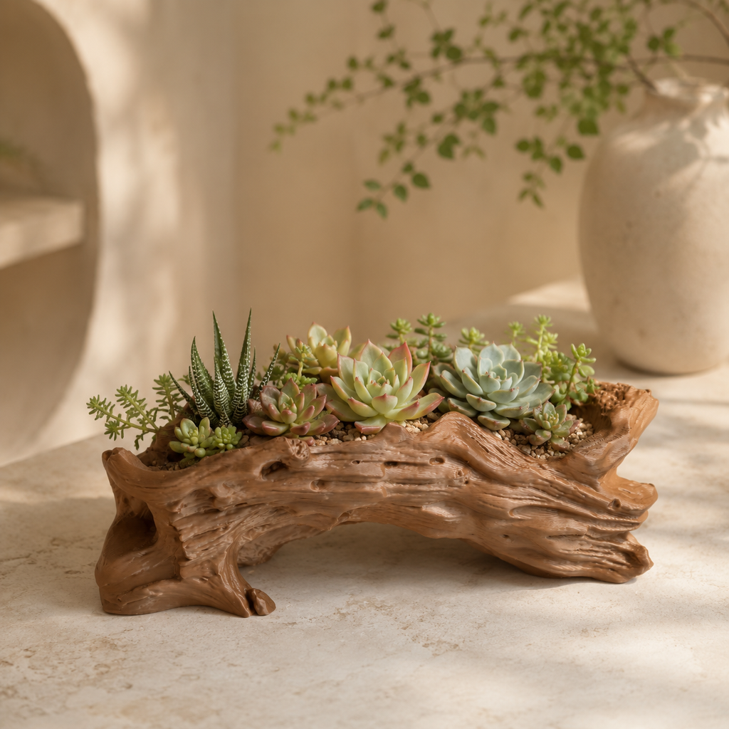 Driftwood Succulent Planter | Rustic Log-Inspired Indoor Plant Pot for Succulents & Cacti