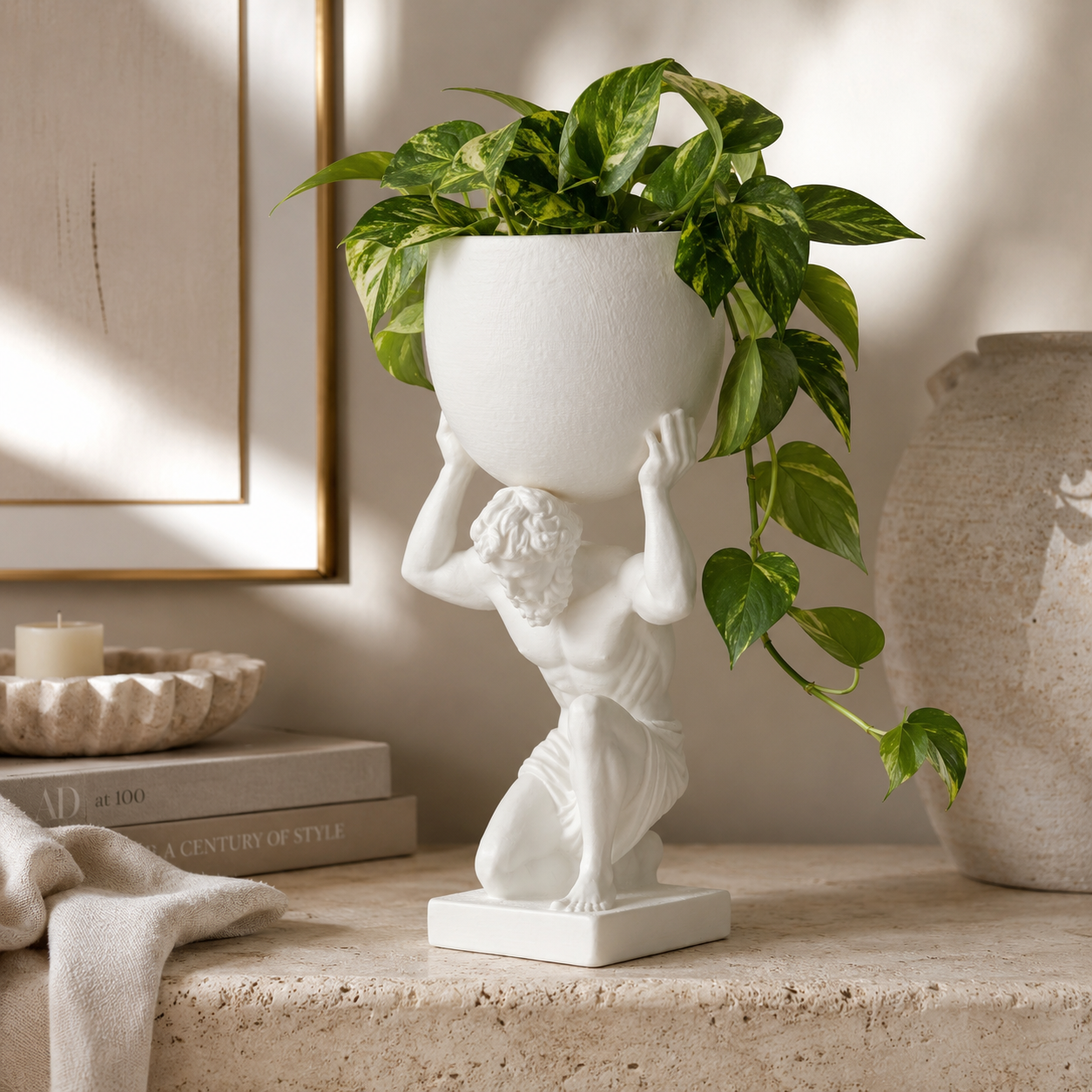 Atlas Greek Statue Planter | Classical Sculpture Indoor Plant Pot & Home Décor