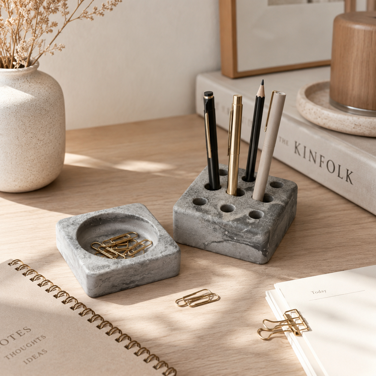 Concrete Pen Stand & Catchall Tray Set | Handmade Desk Organizer for Home & Office