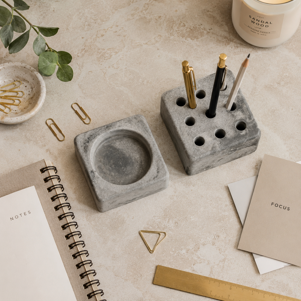 Concrete Pen Stand & Catchall Tray Set | Handmade Desk Organizer for Home & Office