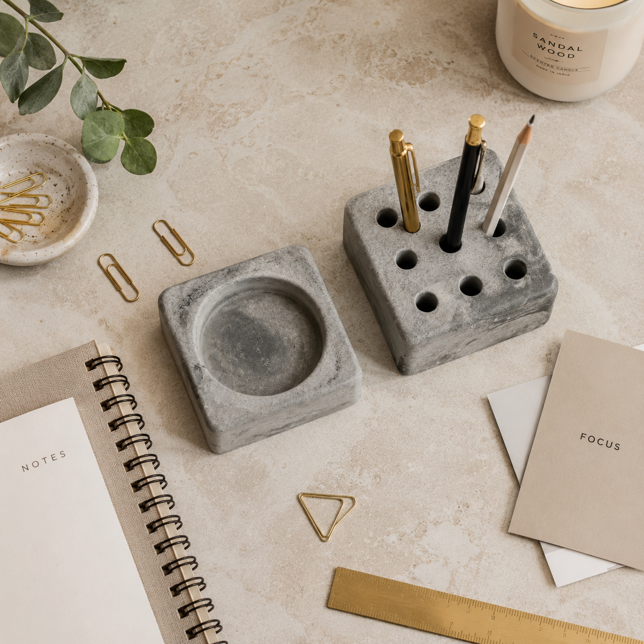 Concrete Pen Stand & Catchall Tray Set | Handmade Desk Organizer for Home & Office