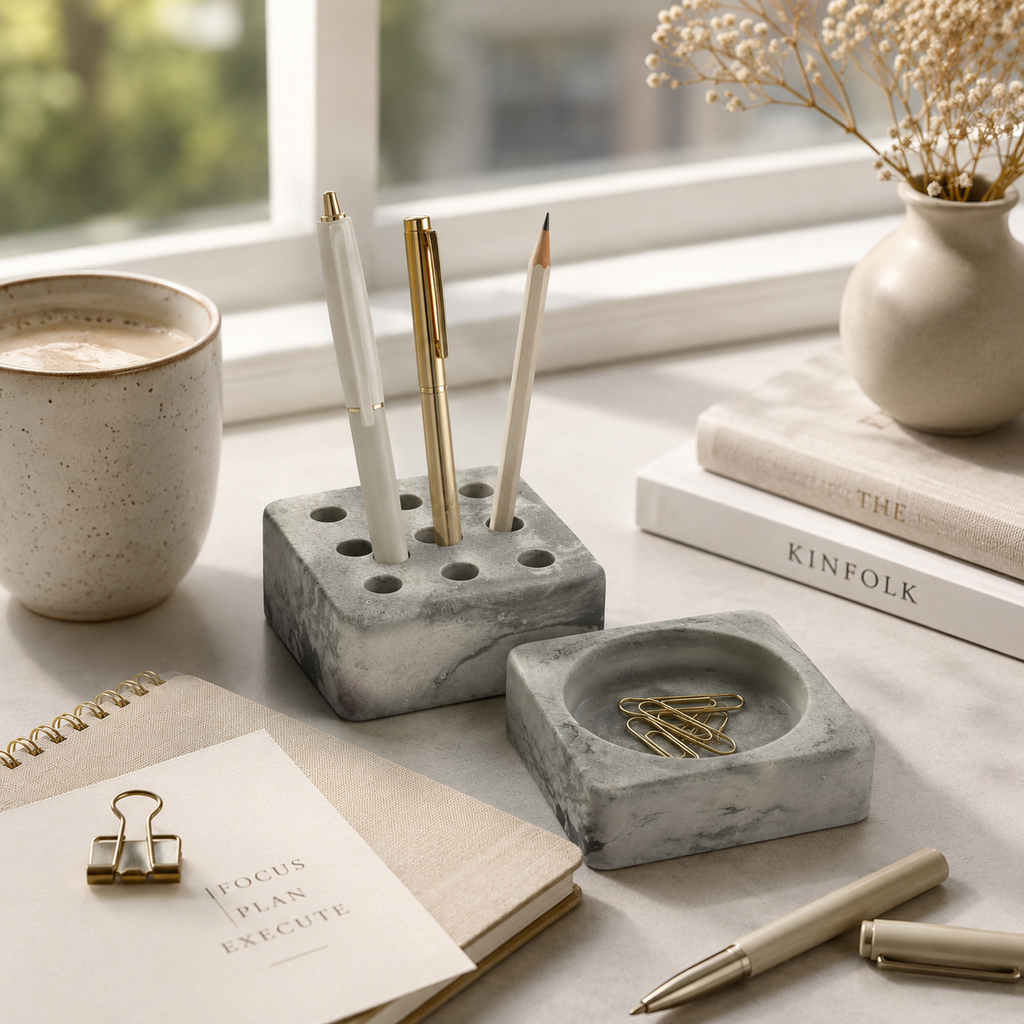 Concrete Pen Stand & Catchall Tray Set | Handmade Desk Organizer for Home & Office