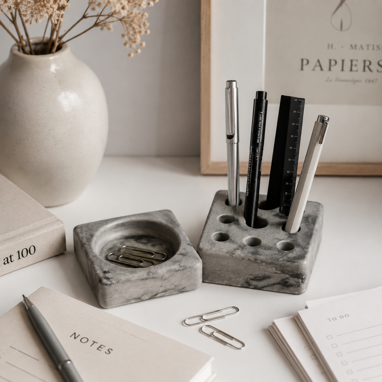 Concrete Pen Stand & Catchall Tray Set | Handmade Desk Organizer for Home & Office