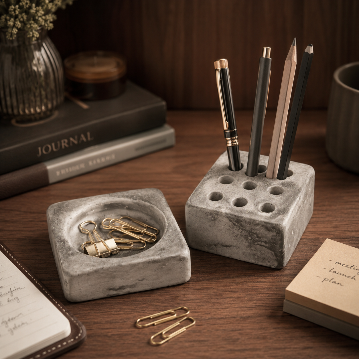 Concrete Pen Stand & Catchall Tray Set | Handmade Desk Organizer for Home & Office