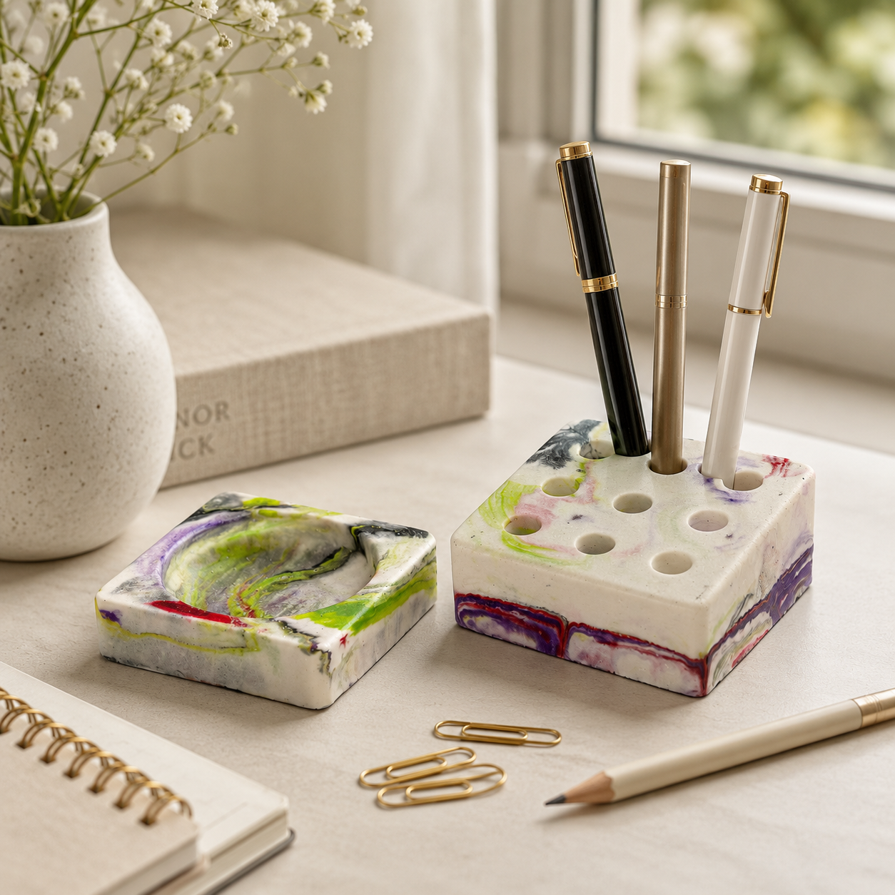 Concrete Pen Stand & Catchall Tray Set | Handmade Desk Organizer for Home & Office