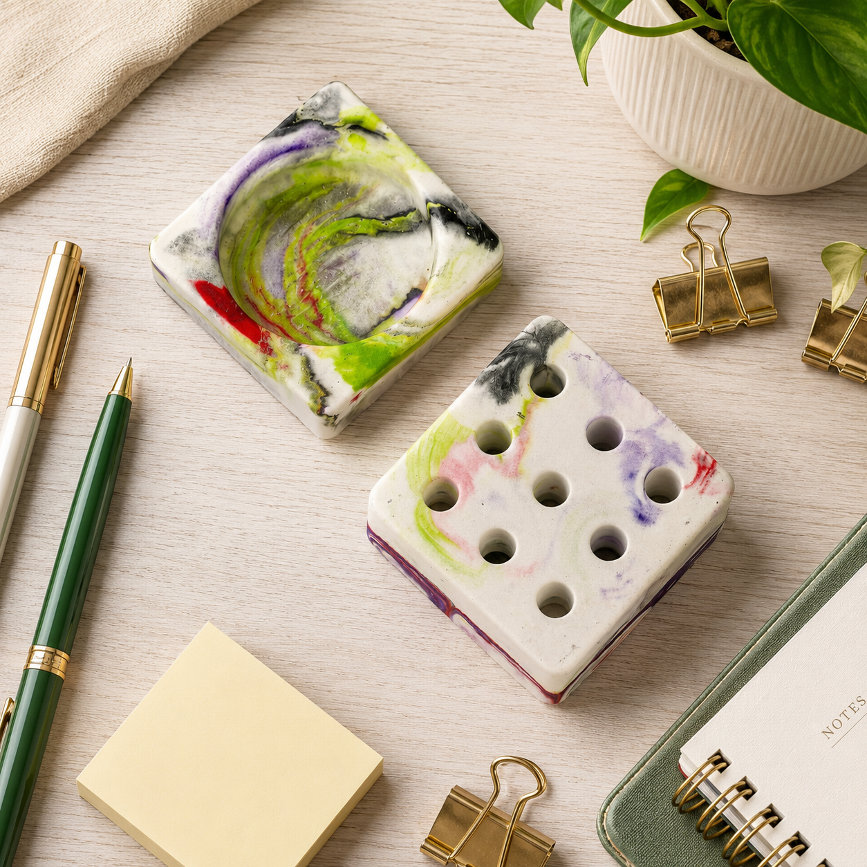 Concrete Pen Stand & Catchall Tray Set | Handmade Desk Organizer for Home & Office