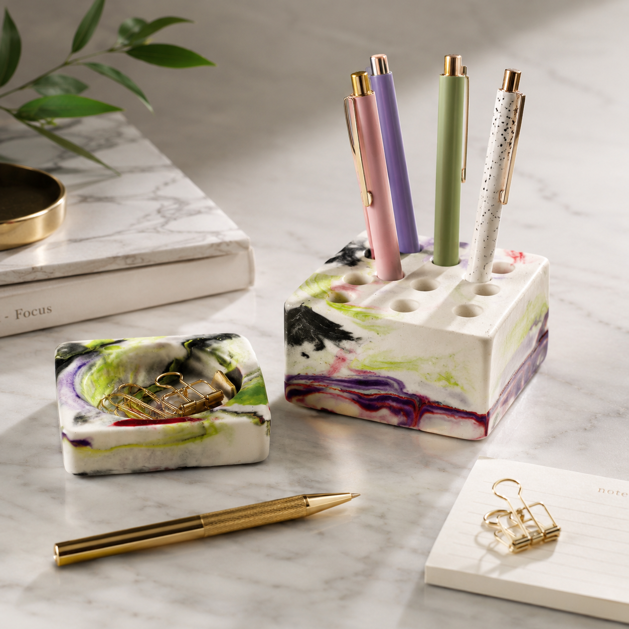 Concrete Pen Stand & Catchall Tray Set | Handmade Desk Organizer for Home & Office