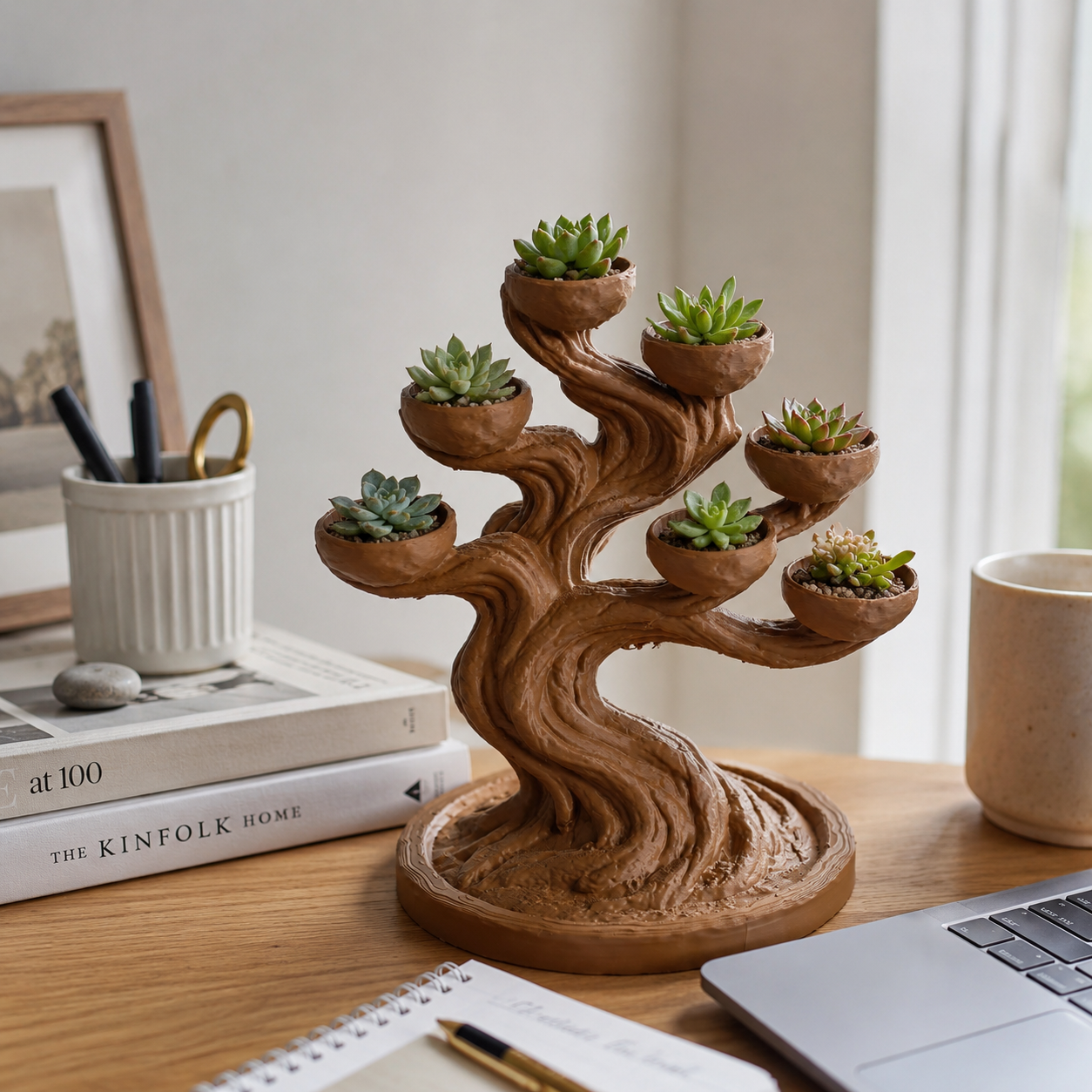 3D Printed Bonsai Succulent Planter with 7 Pots for Desk & Home Décor