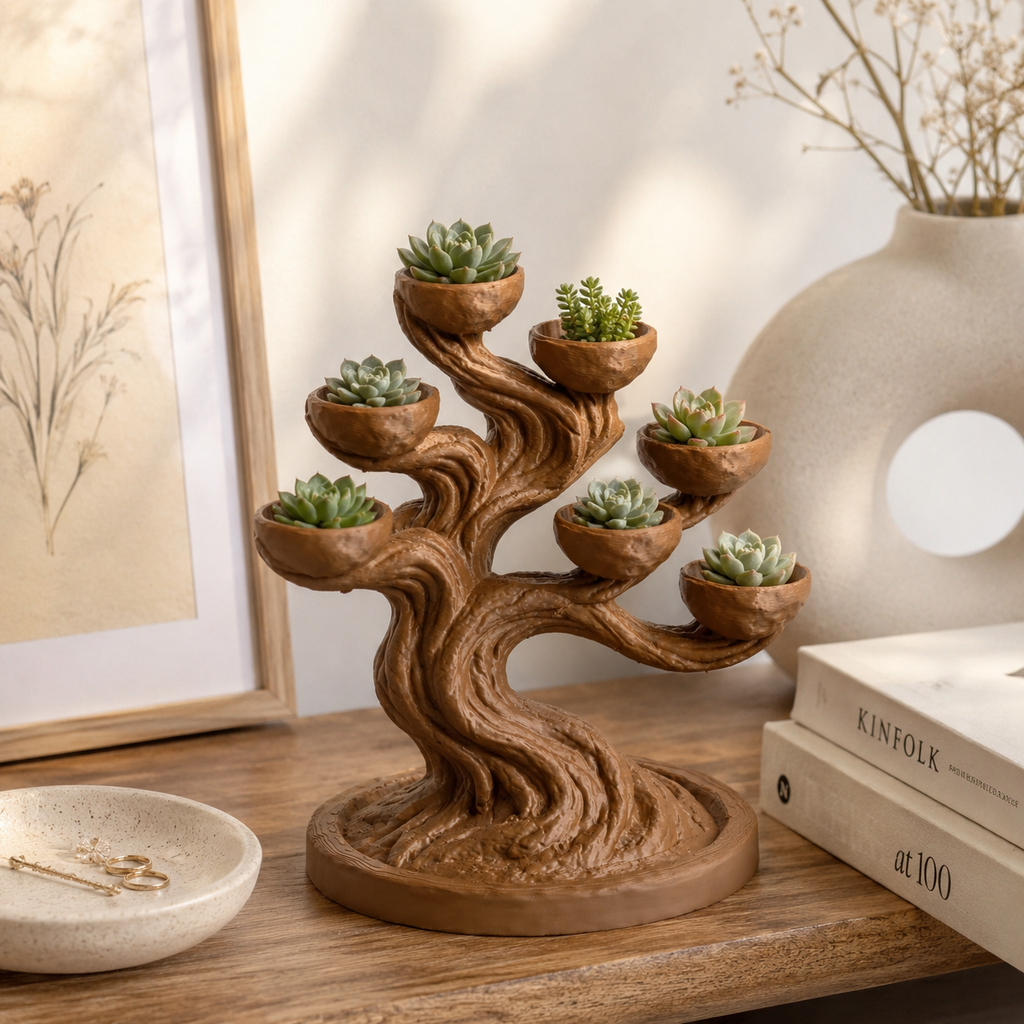 3D Printed Bonsai Succulent Planter with 7 Pots for Desk & Home Décor