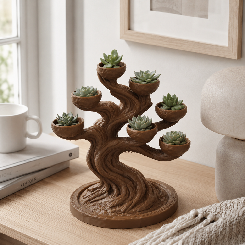 3D Printed Bonsai Succulent Planter with 7 Pots for Desk & Home Décor
