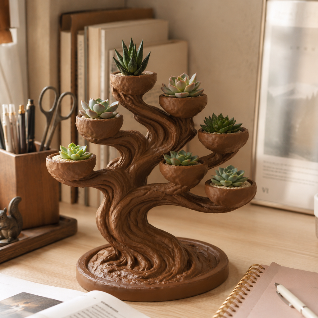 3D Printed Bonsai Succulent Planter with 7 Pots for Desk & Home Décor