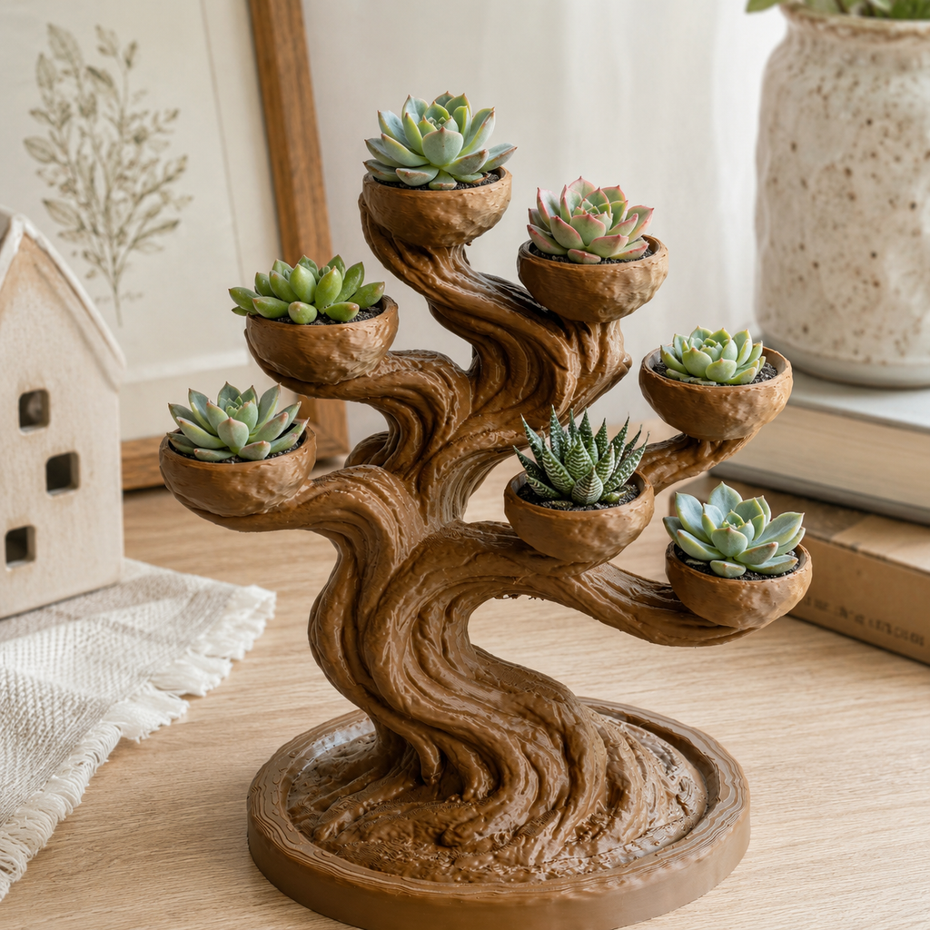 3D Printed Bonsai Succulent Planter with 7 Pots for Desk & Home Décor