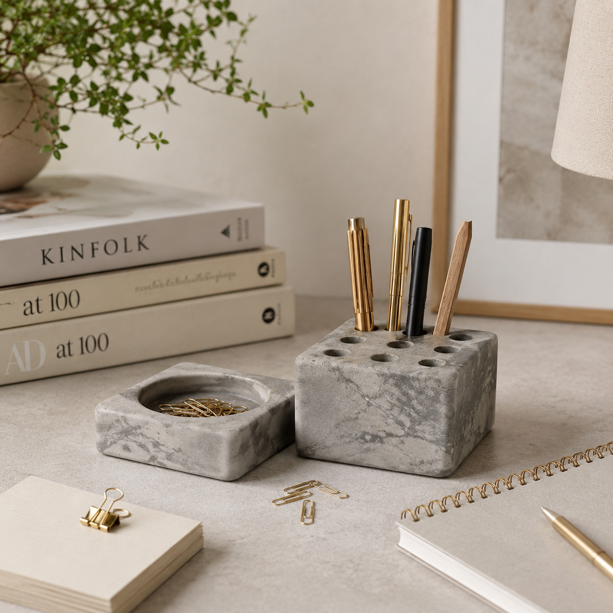 Concrete Pen Stand & Catchall Tray Set | Handmade Desk Organizer for Home & Office