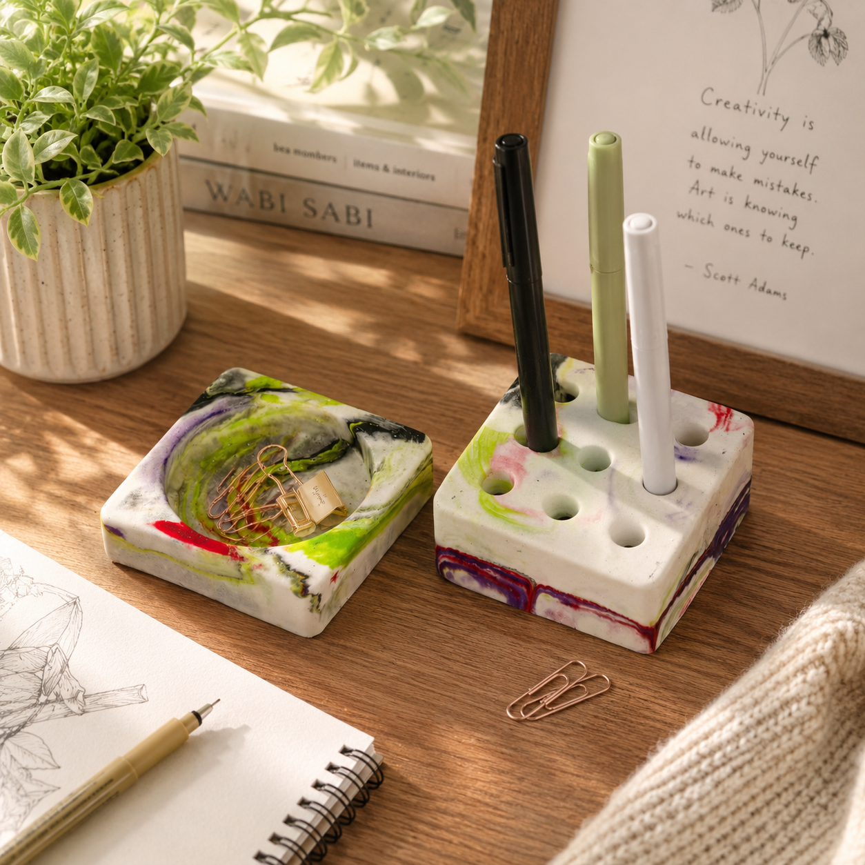 Concrete Pen Stand & Catchall Tray Set | Handmade Desk Organizer for Home & Office