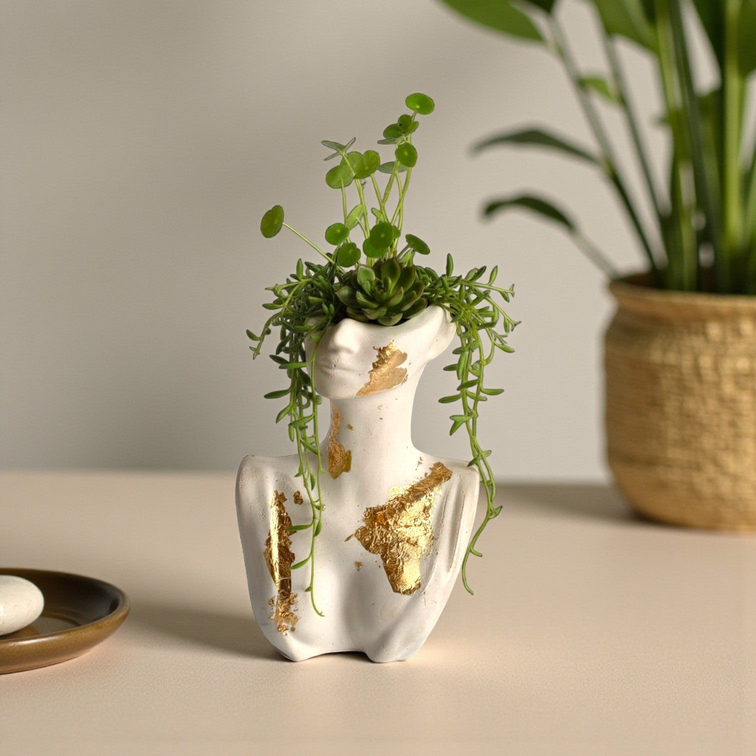 Muse Bust Planter – Gold Accent Artistic Concrete Planter