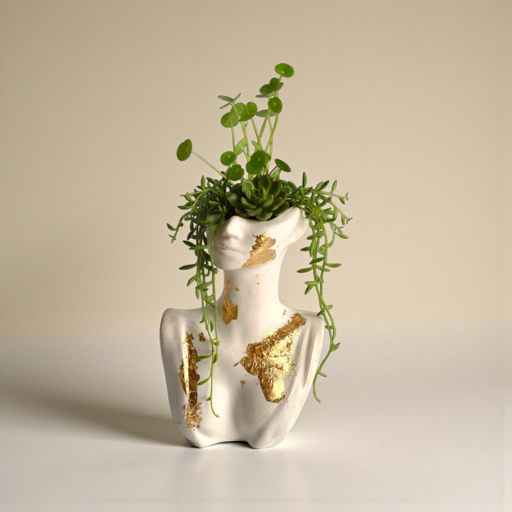 Muse Bust Planter – Gold Accent Artistic Concrete Planter