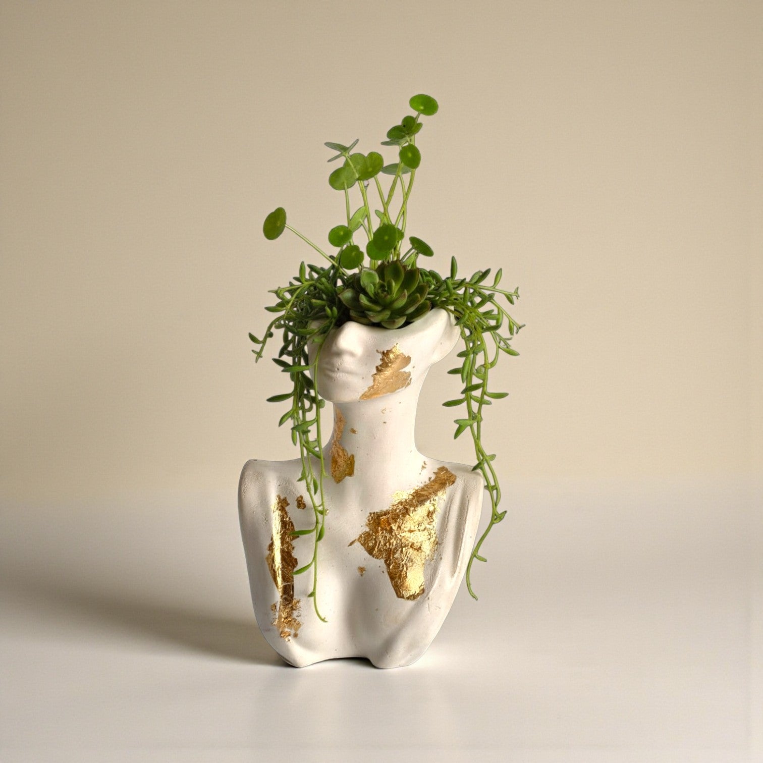 Muse Bust Planter – Gold Accent Artistic Concrete Planter
