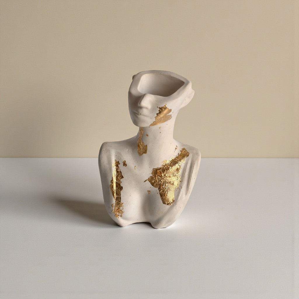 Muse Bust Planter – Gold Accent Artistic Concrete Planter