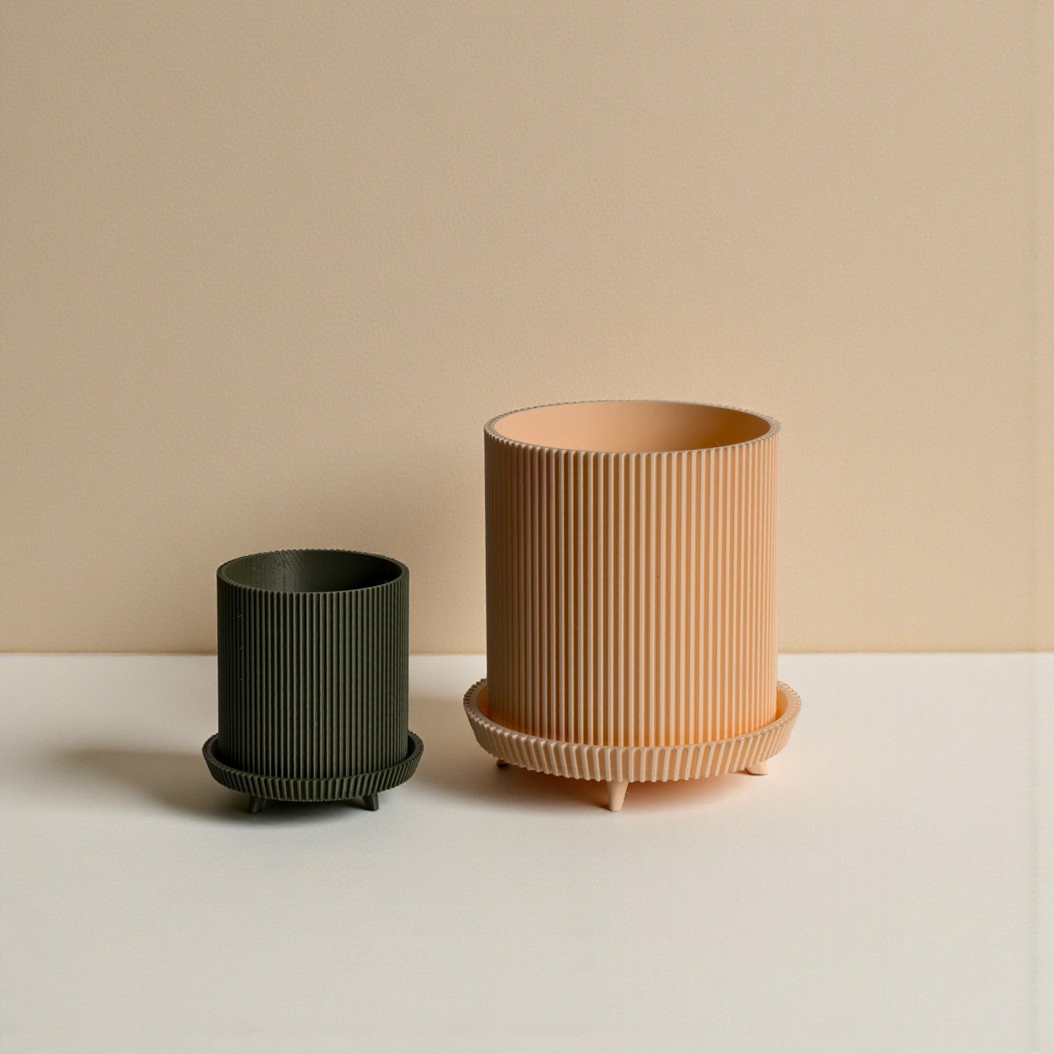 Ribbed Planter Set – Terracotta Peach & Olive Green with drainage hole