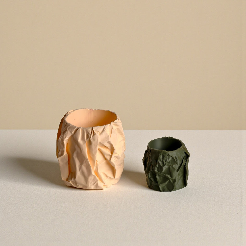 Crumpled Paper Texture Planter Set – Peach & Olive Green