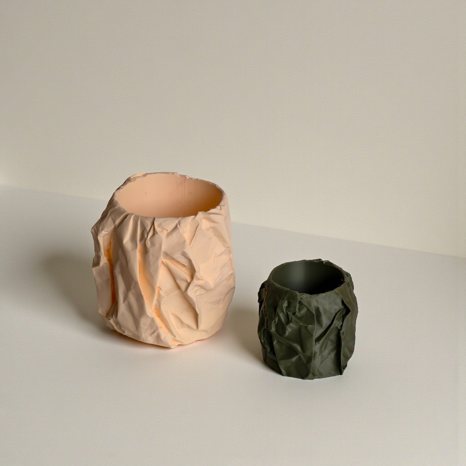Crumpled Paper Texture Planter Set – Peach & Olive Green