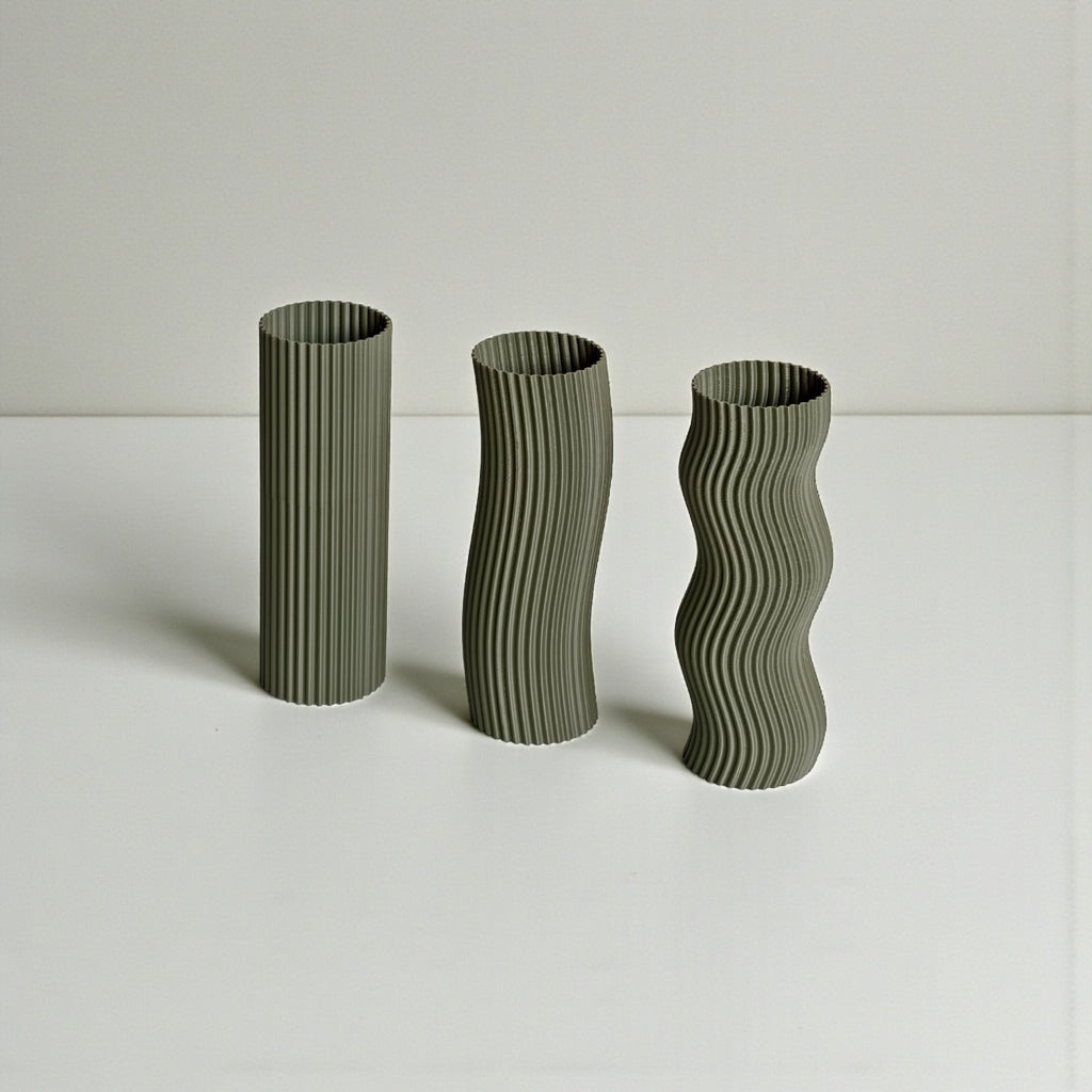 Olive Wave Vase Set – Minimal Japandi 3D Printed Decor