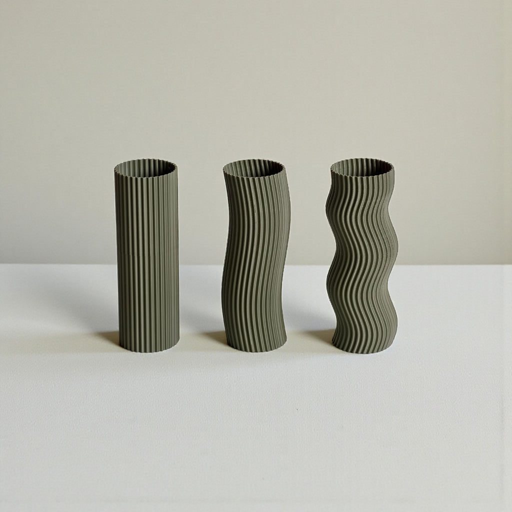 Olive Wave Vase Set – Minimal Japandi 3D Printed Decor