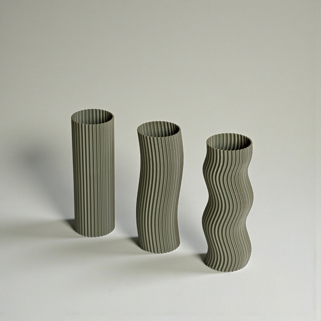 Olive Wave Vase Set – Minimal Japandi 3D Printed Decor